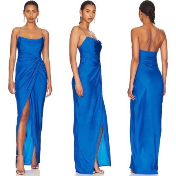 GAUGE81 Shiroi Long Dress in Lapis Blue Silk Cowl Neck Maxi Gown Satin Sz Small - Picture 1 of 9